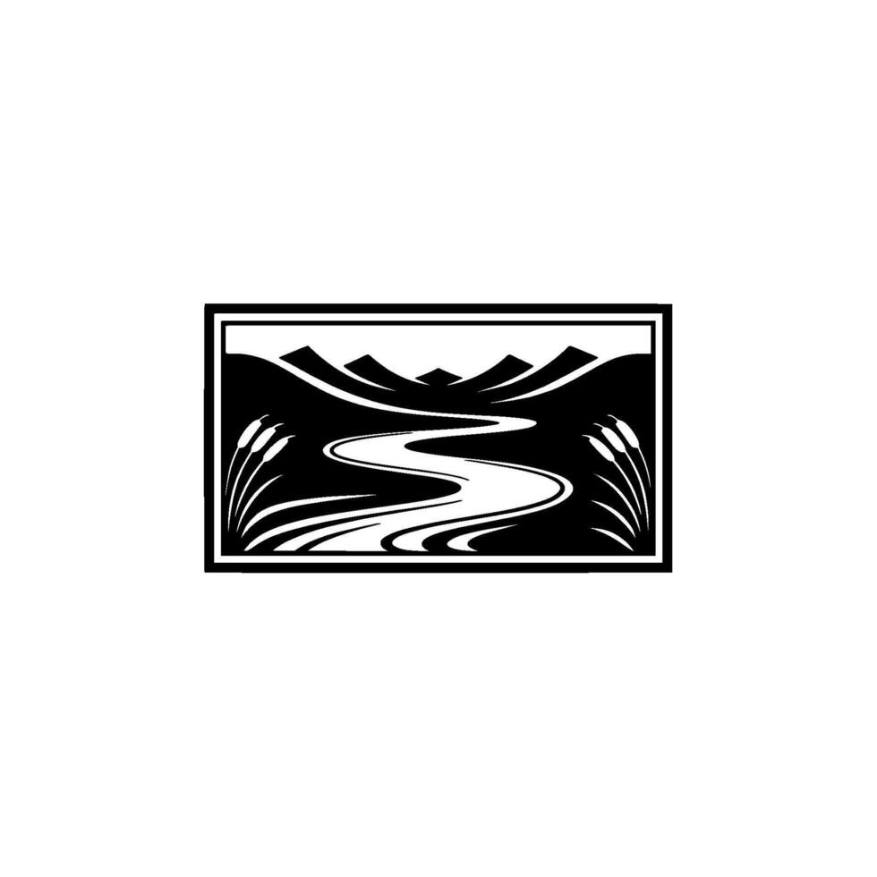 Serene Riverscape Emblem, Minimalist Black White vector