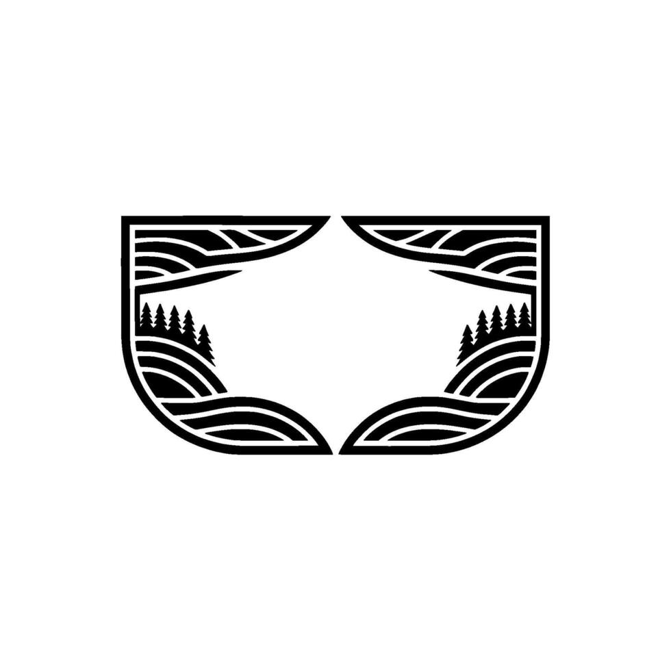 Minimalist Landscape Emblem, Rustic Wilderness, Shield vector
