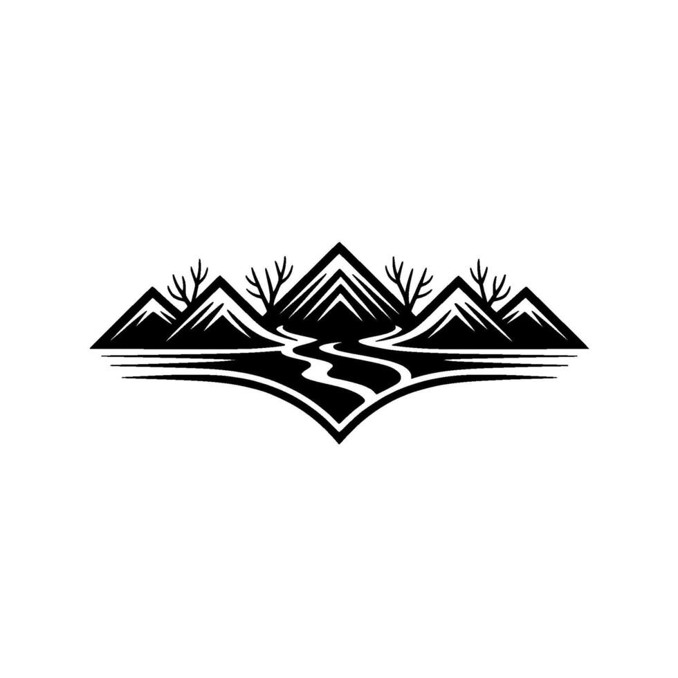 Mountain River Emblem - Minimalist Landscape, Silhouette vector