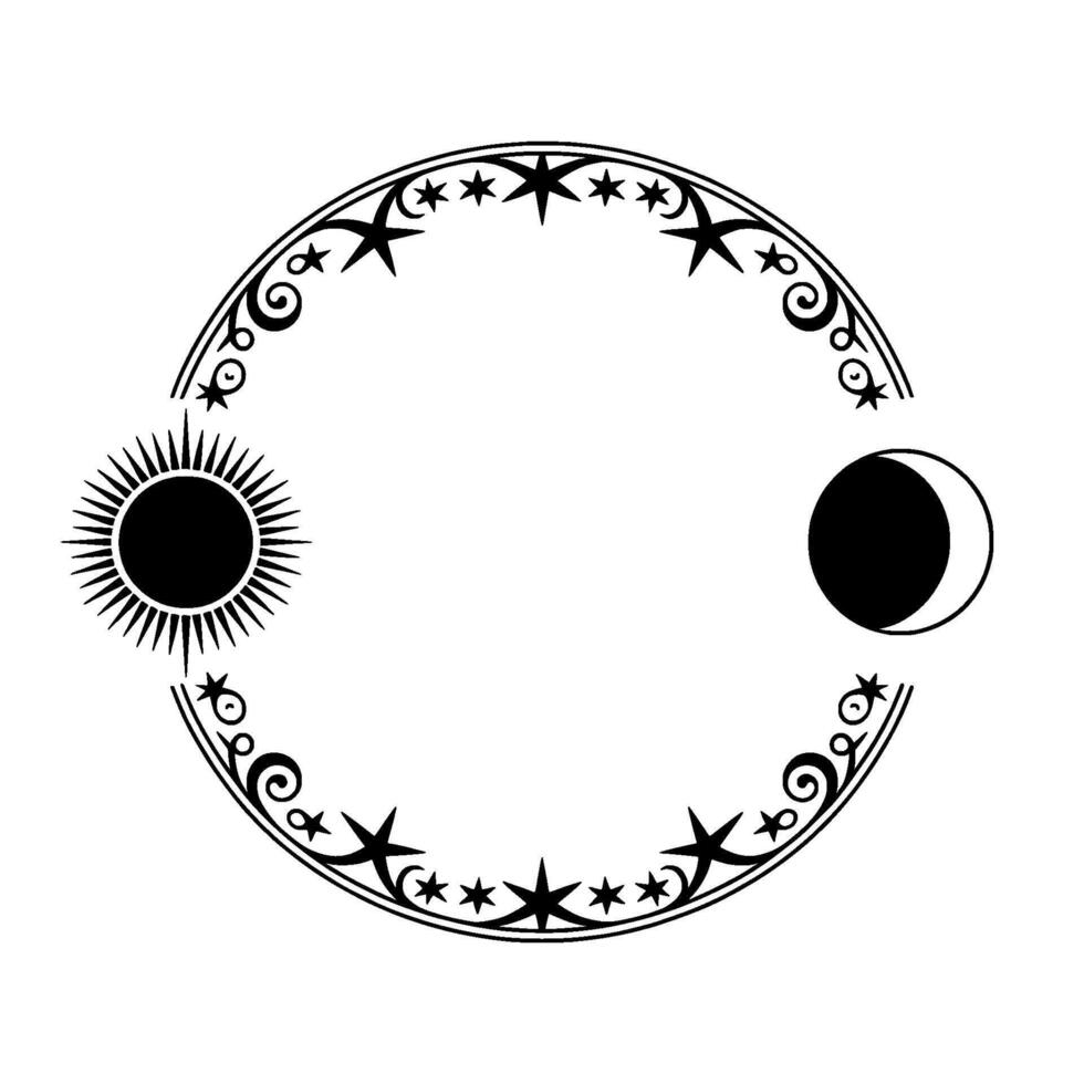 Celestial Circle Sun, Moon, and Starry Ornamentation vector