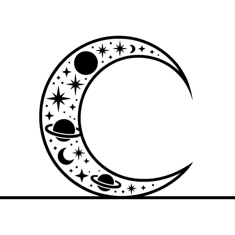 Celestial Crescent Moon, Planets, and Stars Illustration vector