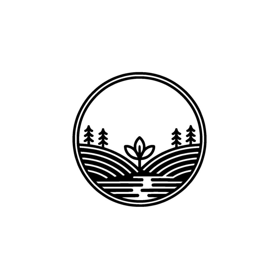 Rustic Landscape Emblem, Minimalist Nature, Circle vector
