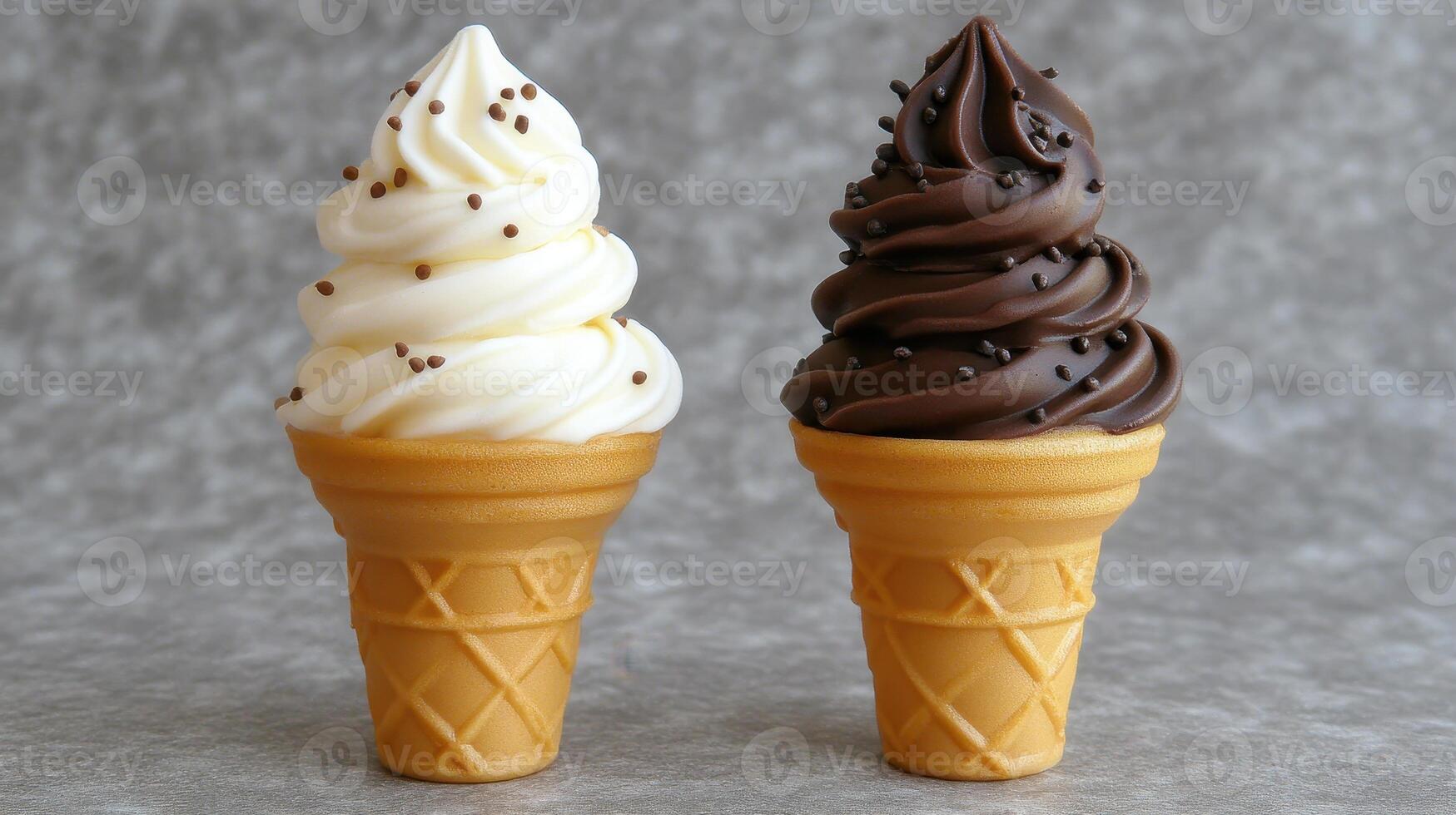 Delicious Soft Serve Ice Cream Cones in Vanilla and Chocolate Flavors photo