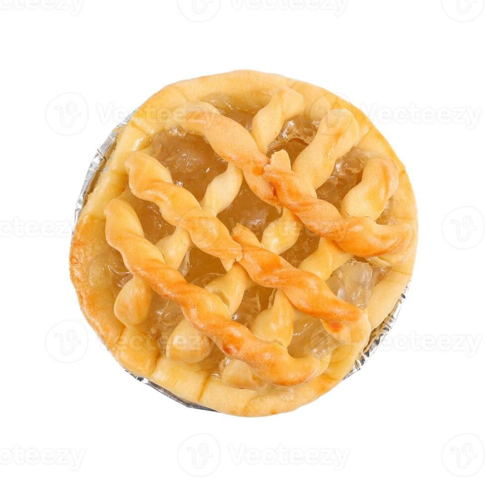 top view of sweet palm seed pie isolated on white photo