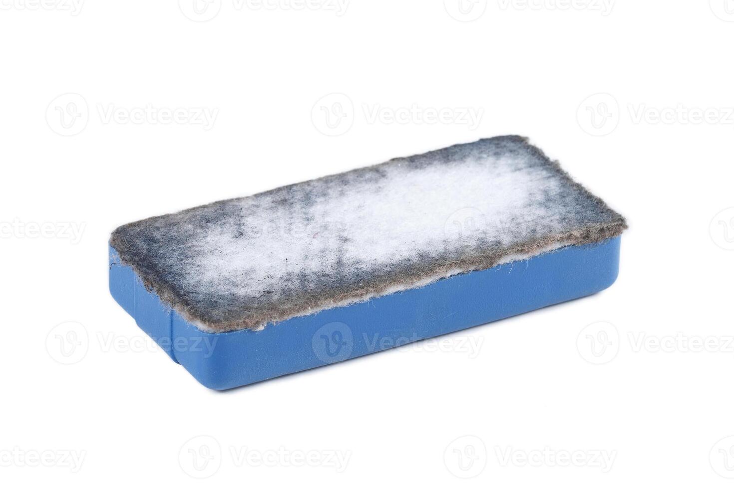 Used blue eraser isolated on white photo