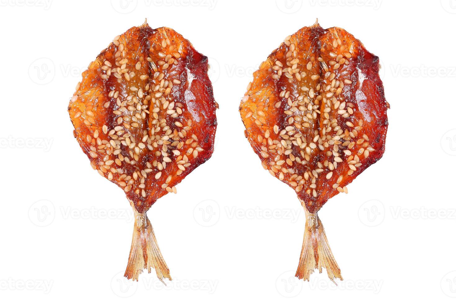 fried sweet fish with sesame isolated on white photo