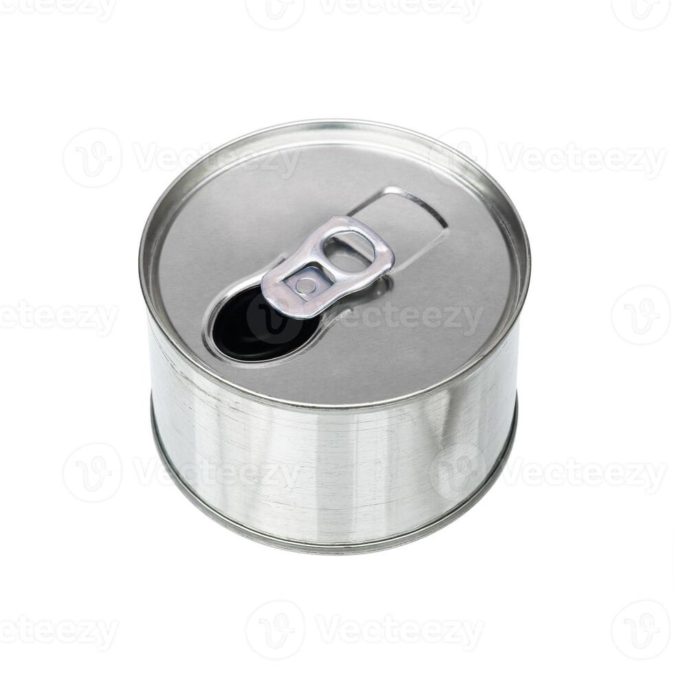 one open aluminum can isolated on white photo