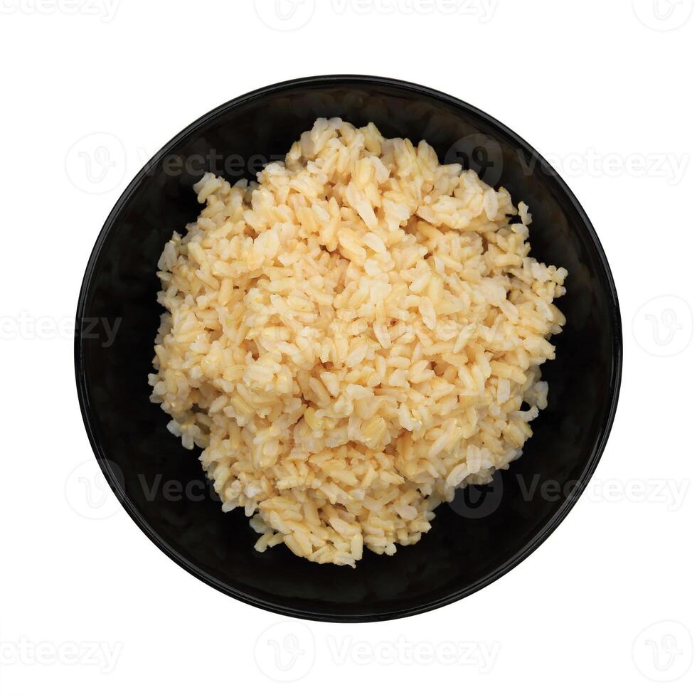 steamed healthy unpolished brown rice in black bowl isolated on white photo