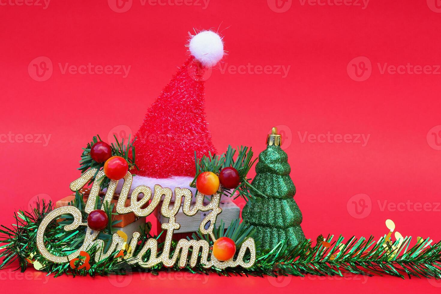 merry christmas with gift and decoration on red for pattern and background photo
