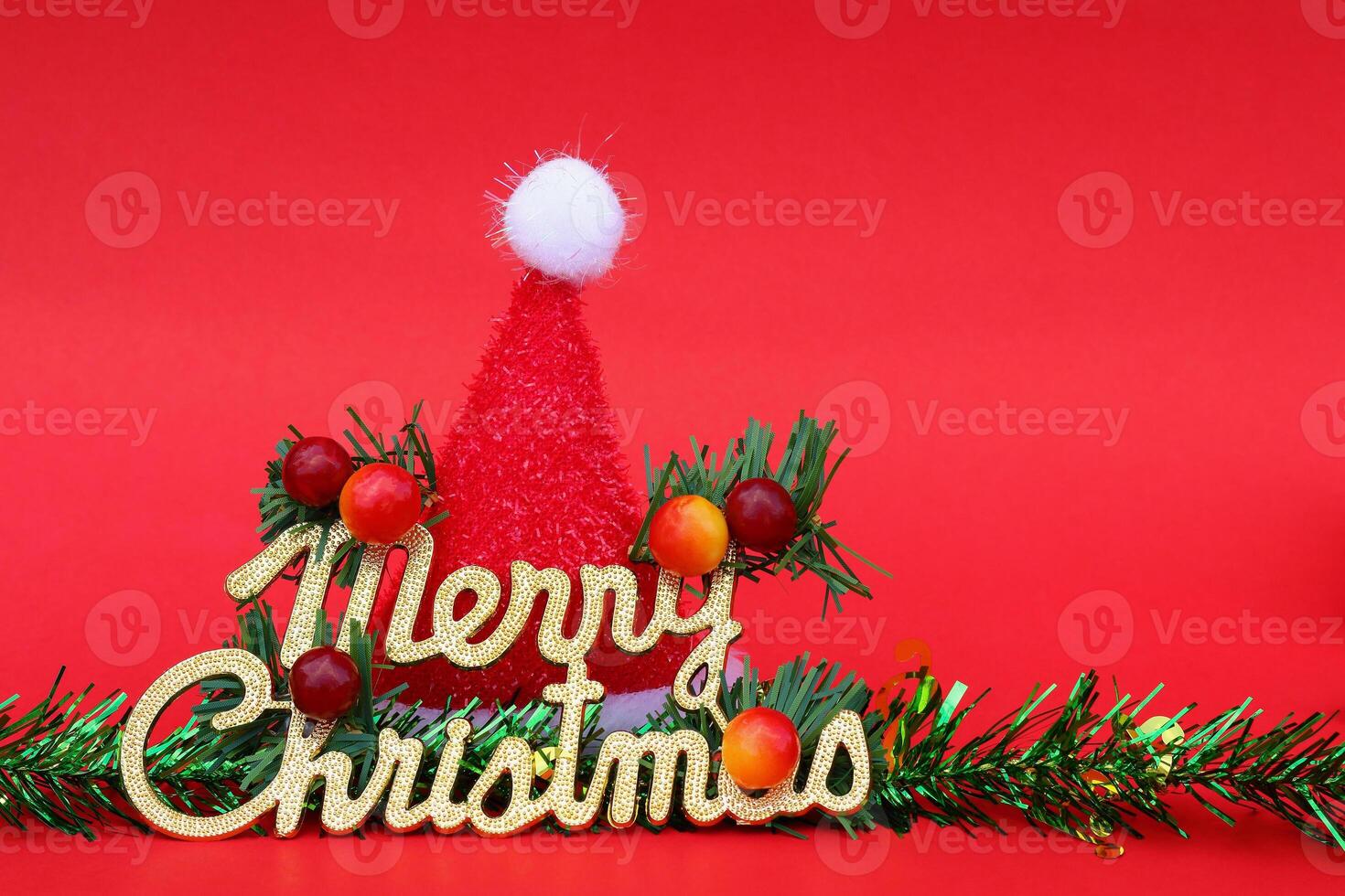 merry christmas with santa claus hat and decorations for pattern and background photo