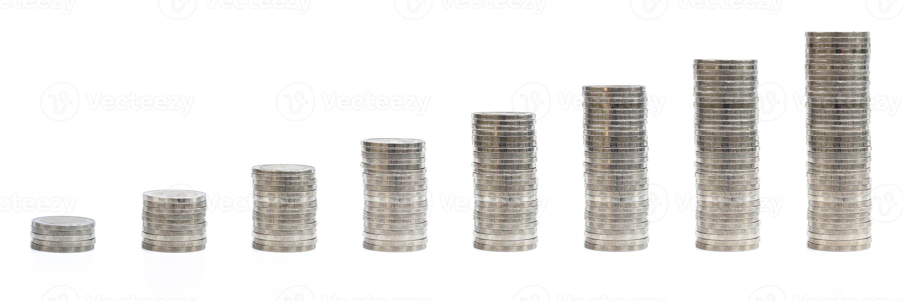 horizontal stack of steps growing coin isolated on white,growing business concept photo
