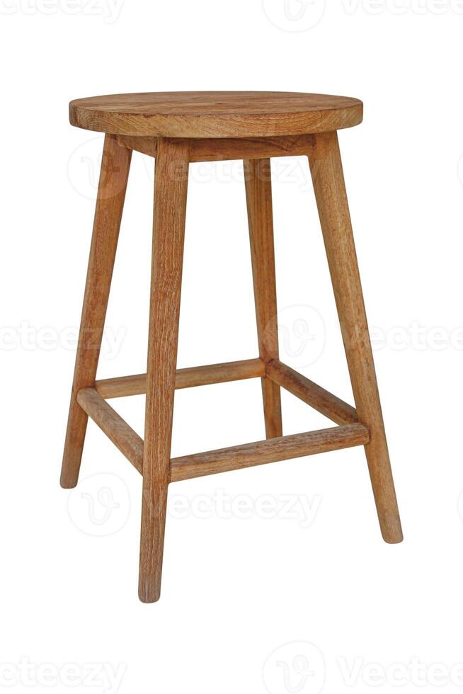 four long legs wooden stool with circle seat isolated on white photo