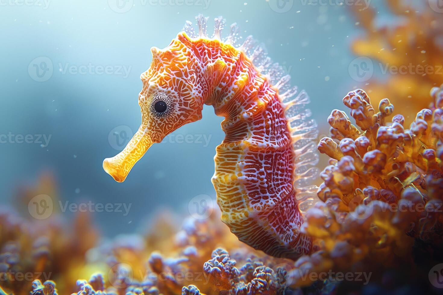 A vibrant orange seahorse swims gracefully among the coral reef photo