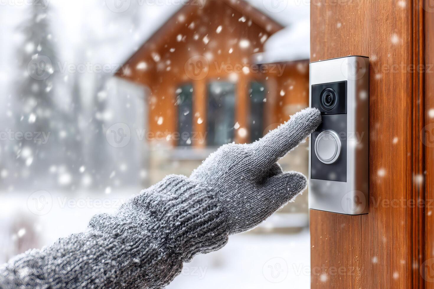 Gloved hand pressing doorbell in snowy weather photo