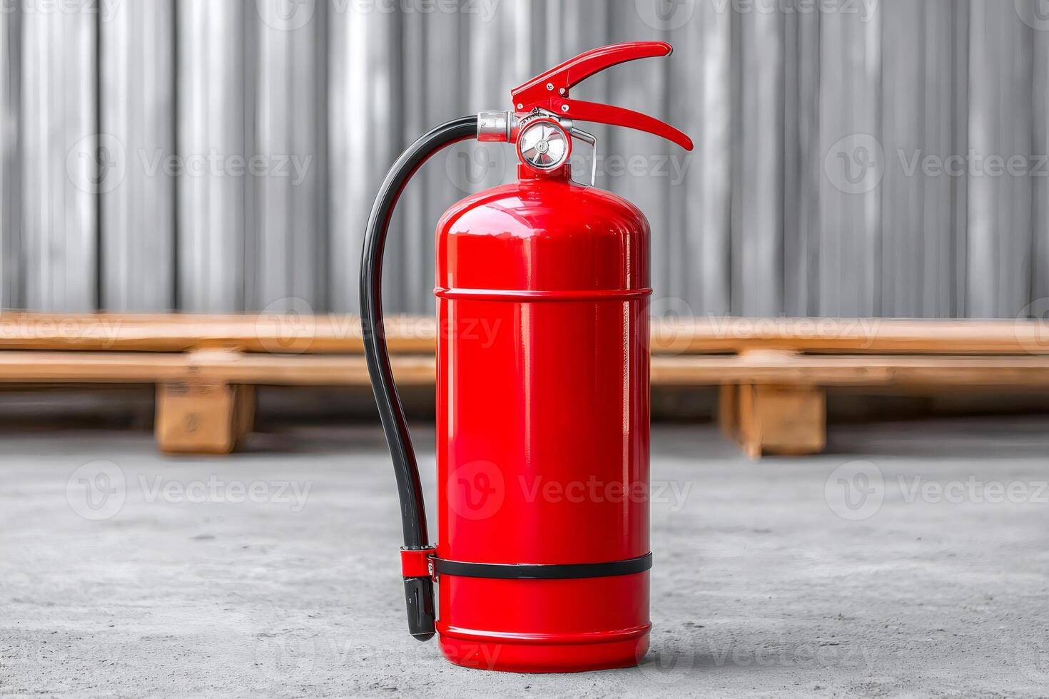 Red fire extinguisher standing on concrete floor in industrial building photo