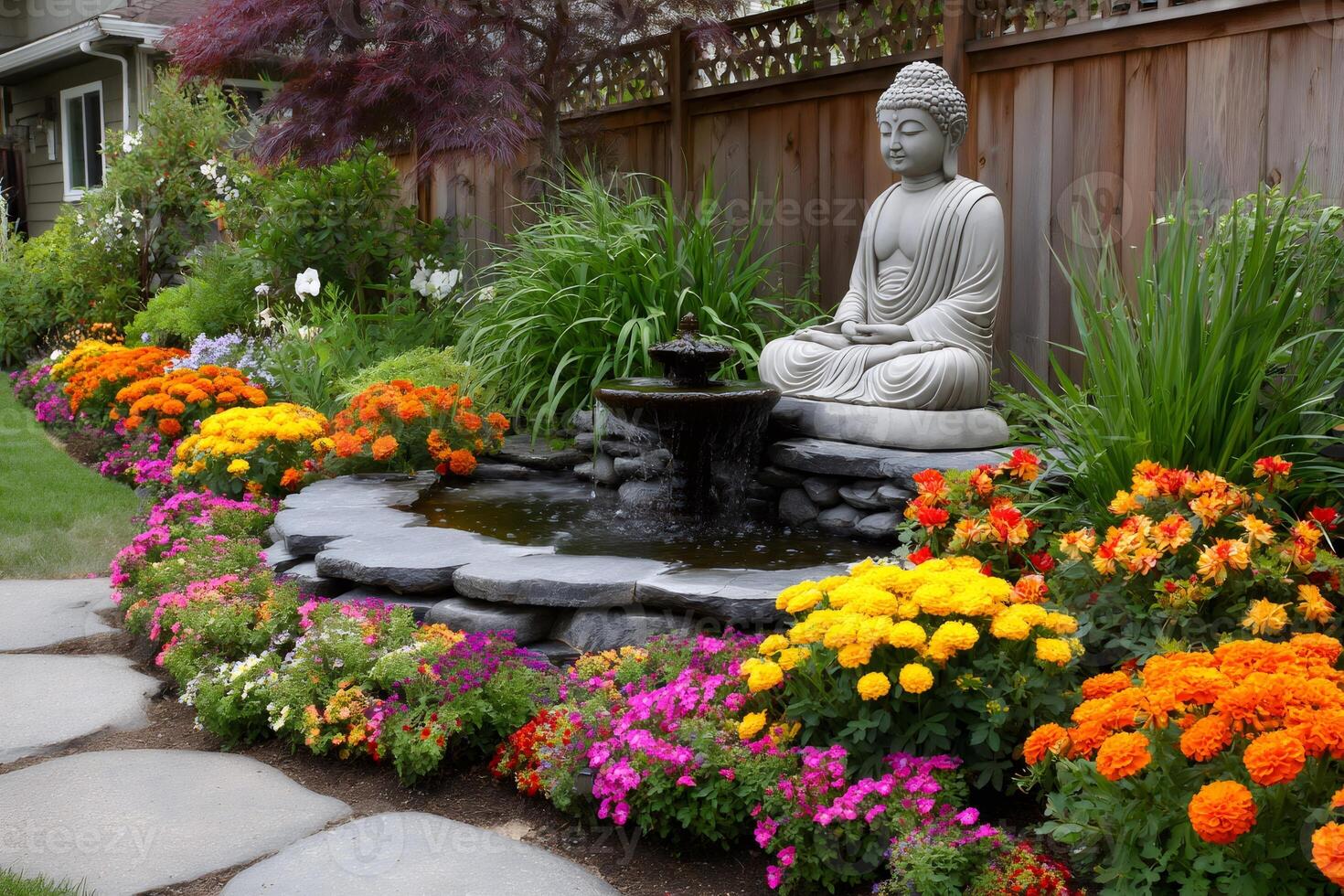 Buddha statue inspiring serenity in a lush garden with a small waterfall photo