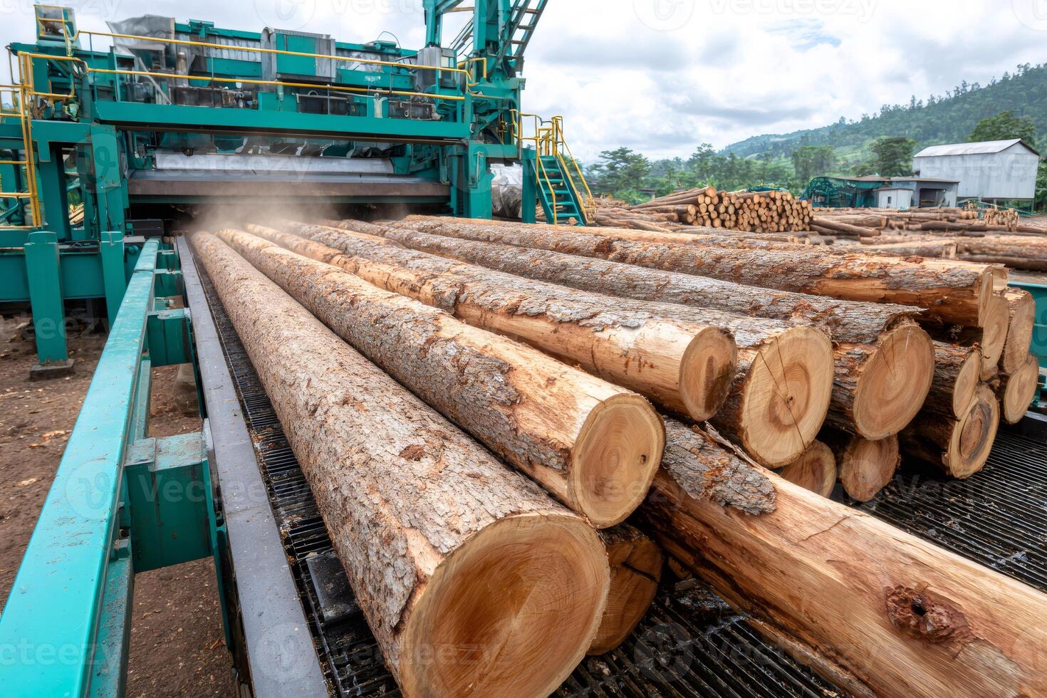 Logs entering wood processing machine in lumber mill photo