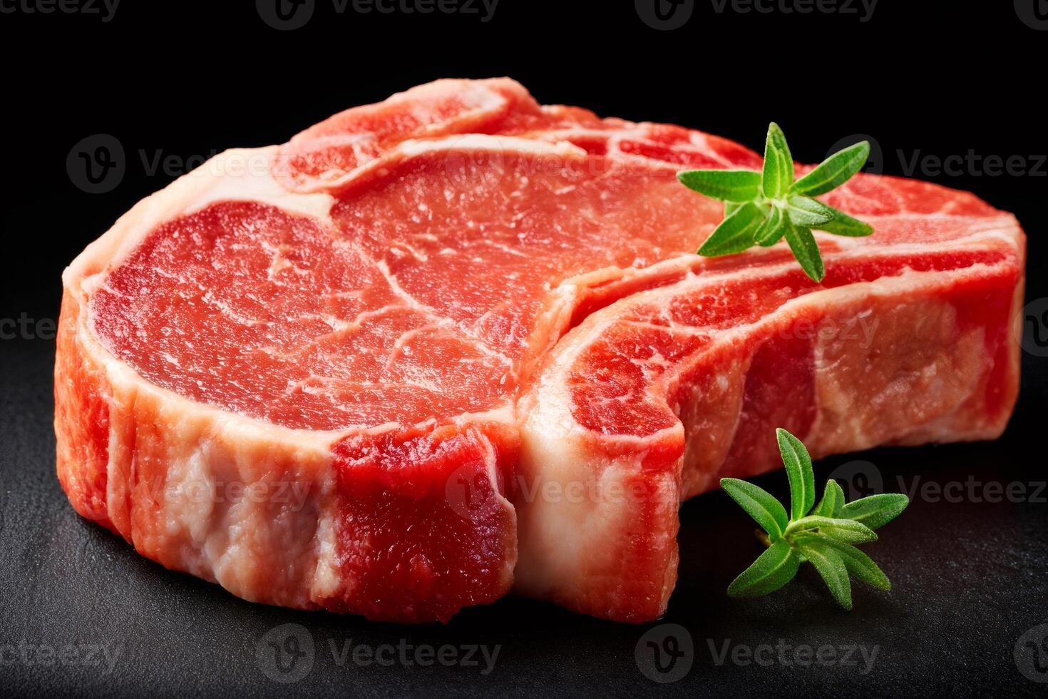 Fresh rib eye steak with rosemary on black background photo