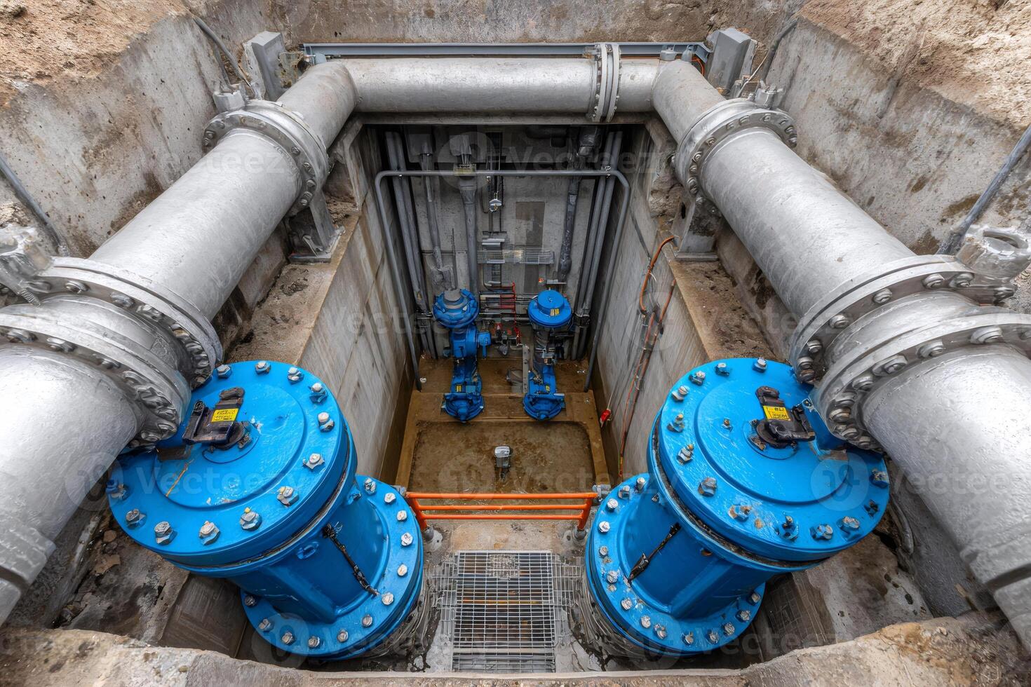Drinking water treatment plant showing large pipes, valves and pumps managing water flow photo