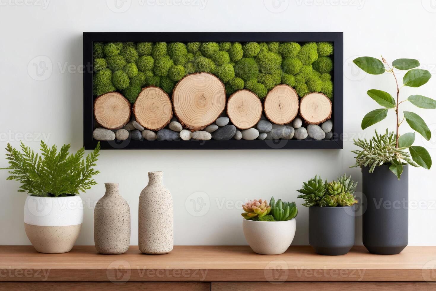 Decorative frame with moss, wood and stones inspiring eco friendly interior design photo