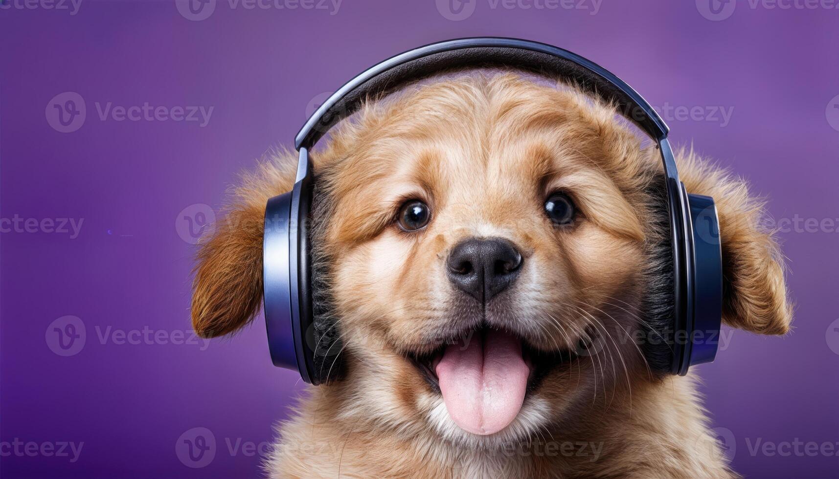 Playful Puppy in Headphones Against a Purple Backdrop, Expressing Joy and Whimsy with a Vibrant Splash of Color. photo