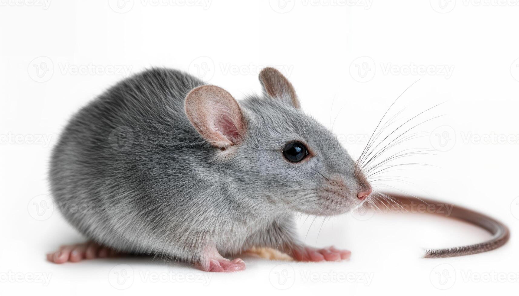Isolated Gray Cute Mouse on White Whimsical and Charming Mascot Brings a Touch of Elegance with Soft Fur and Expressive Eyes Amidst Pristine Backdrop photo