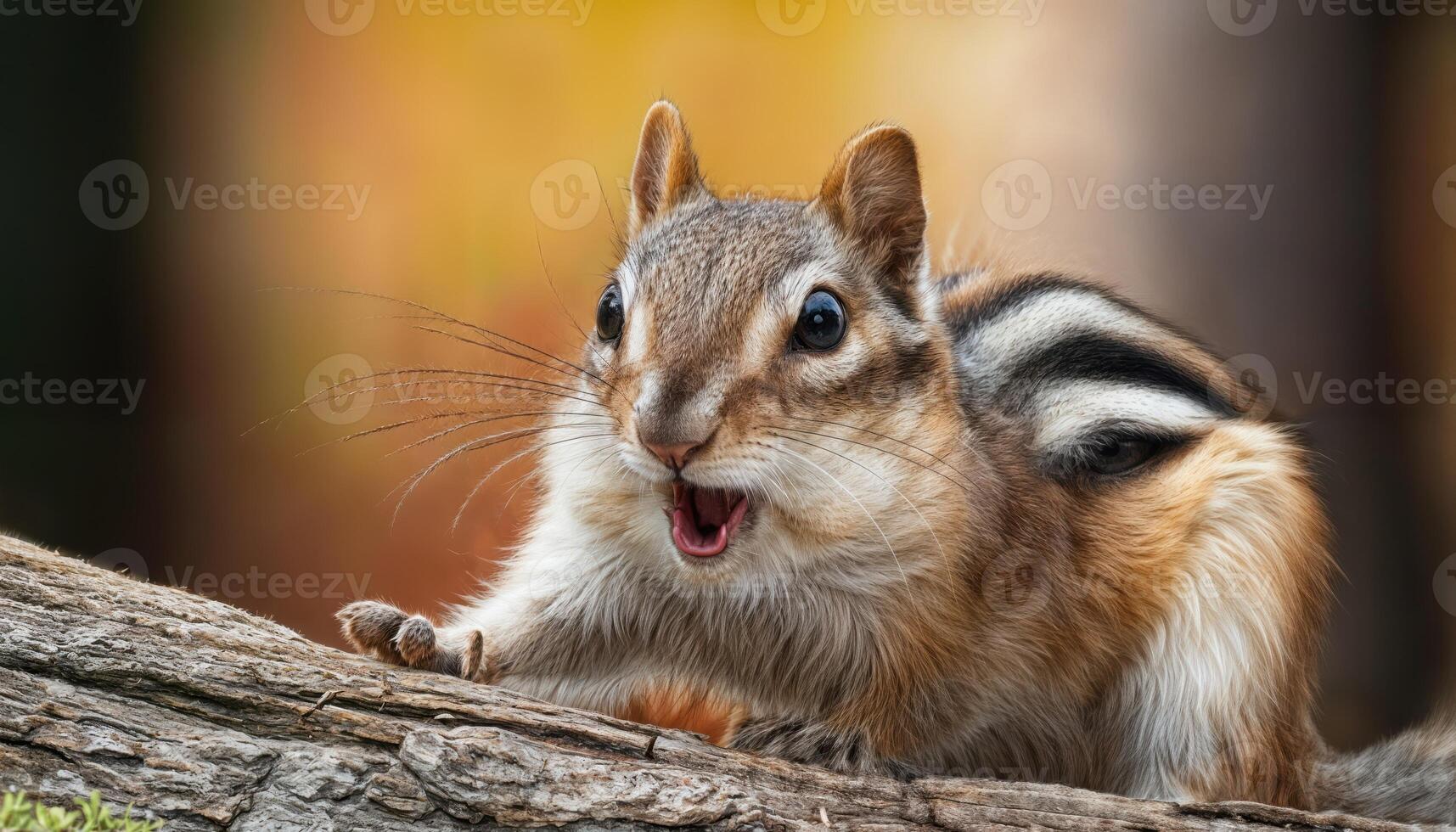Chipmunk in Surprise A Whimsical Moment of Delight in a Forest Meadow, Featuring Autumnal Hues and Textured Bark Detail, Embracing Natures Charm and Playfulness. photo