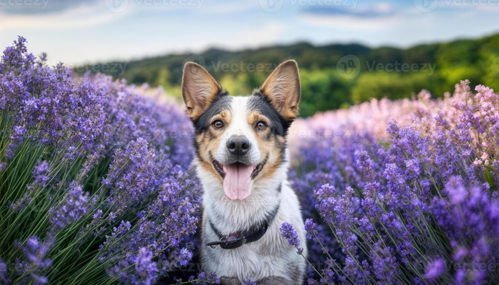 Enthralling Puppy Amble through Purple Lavender Fields A Summertime Stroll of Joy, Bliss, and Serenity, Capturing the Essence of Natures Calming Fragrance. photo