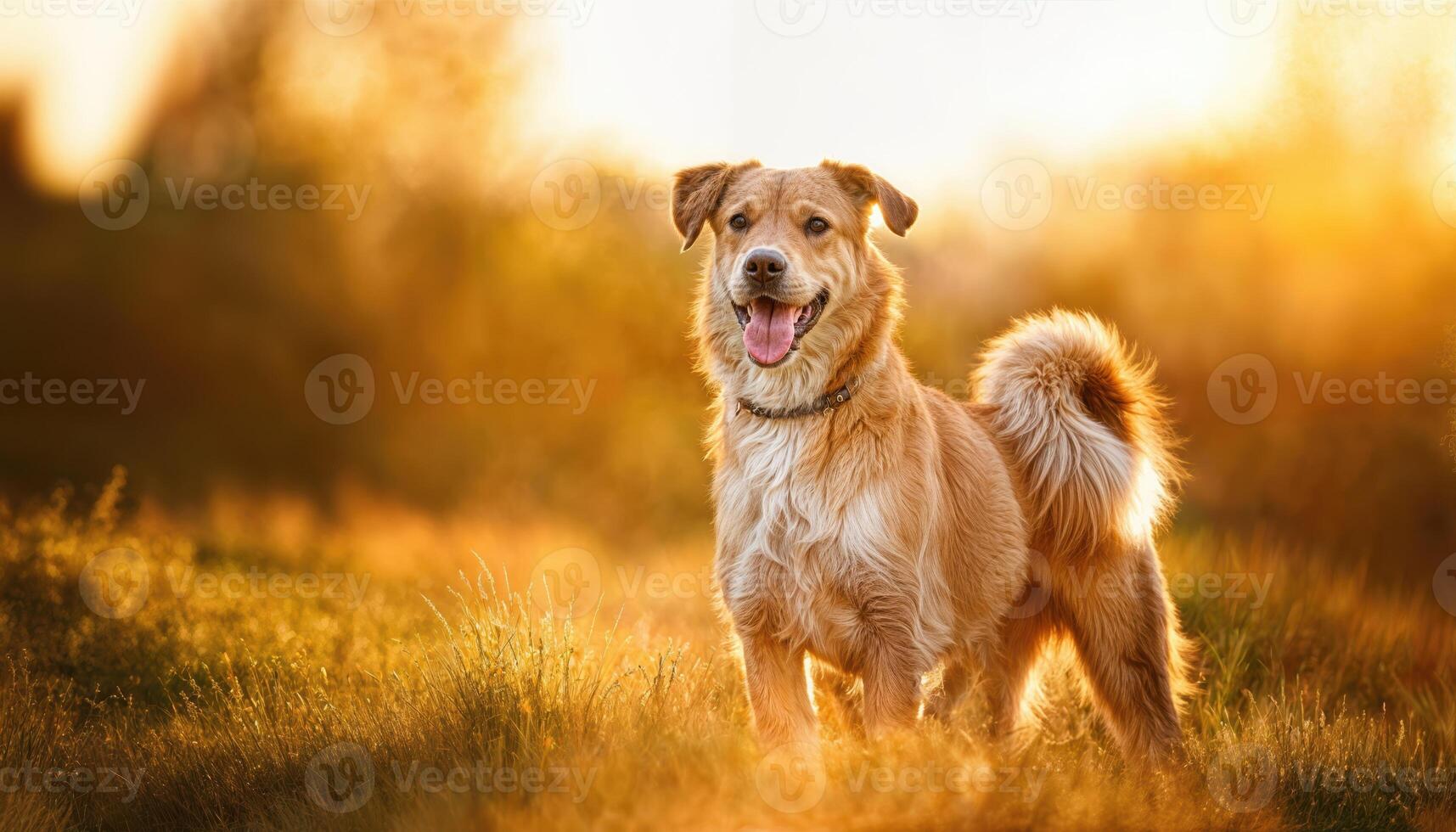 Happy Dog in Warm Sunlight, Frolicking Freely in a Vibrant Outdoor Scene with Lush Greenery and a Blue Sky Backdrop, Invoking Joy and Serenity. photo