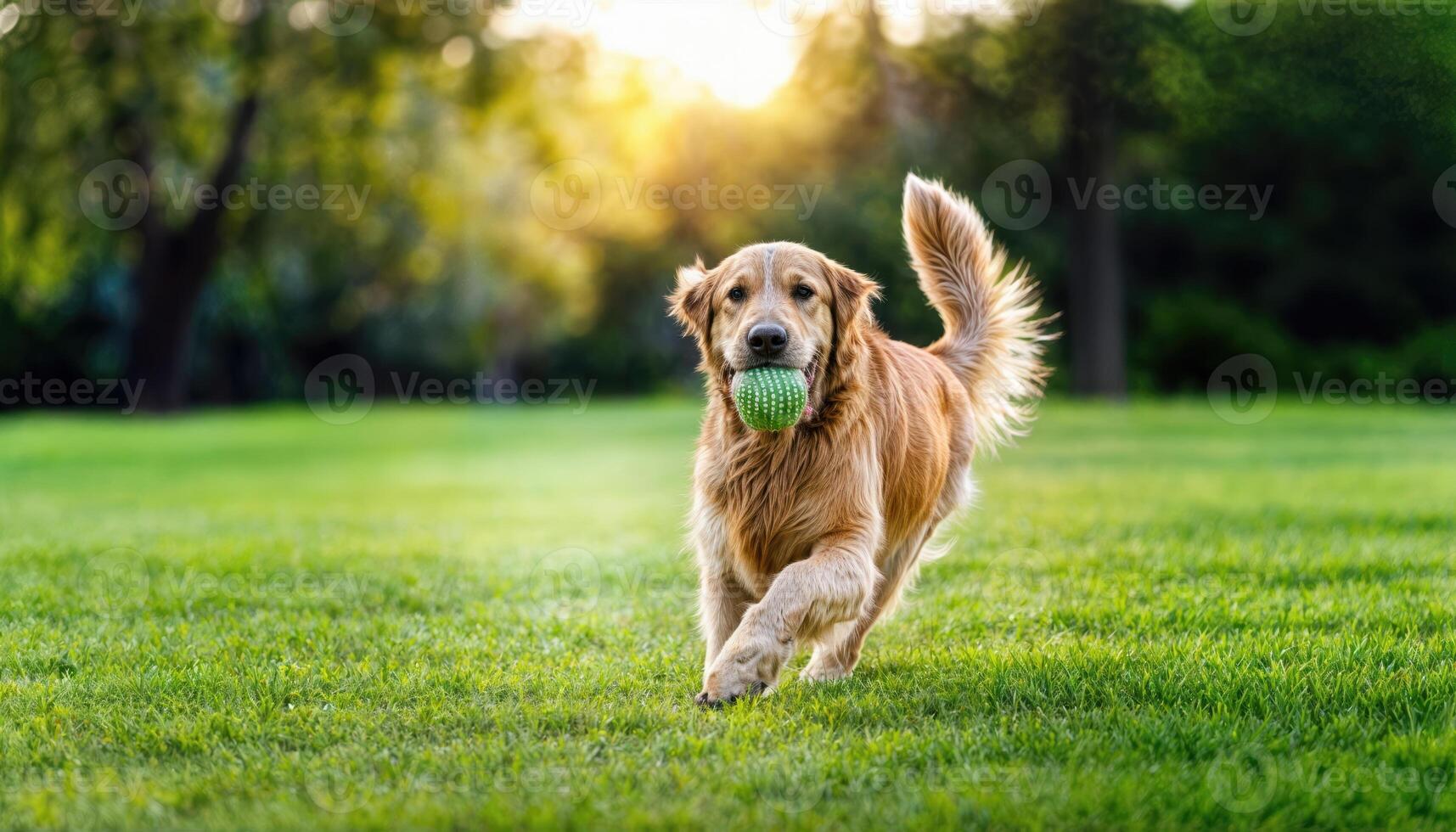Jovial Golden Retriever Chasing a Ball amidst Vibrant Green Parkland, Early Morning Merriment in Lush Pastures photo