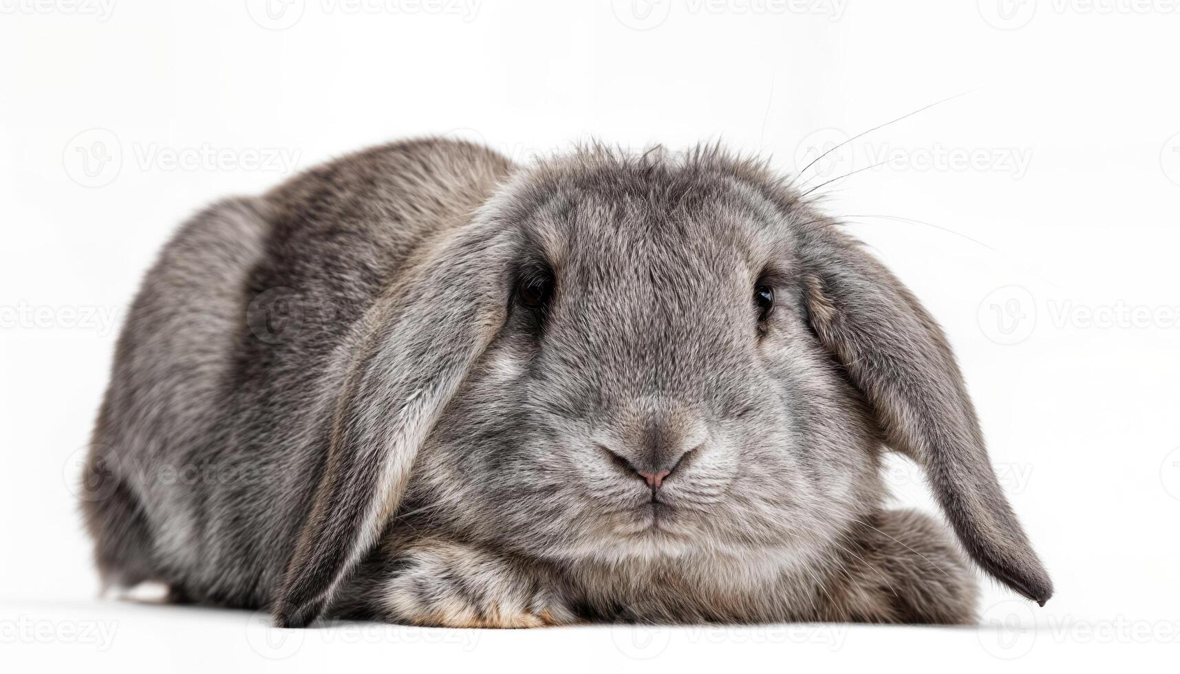 Gray Fold Rabbit Isolate A Moody Yet Captivating Portrait of a Gray Rabbit in Isolation, Displaying Textured Fur and Vibrant Eyes, Set Against a Somber Backdrop for an Emotively Striking Image photo