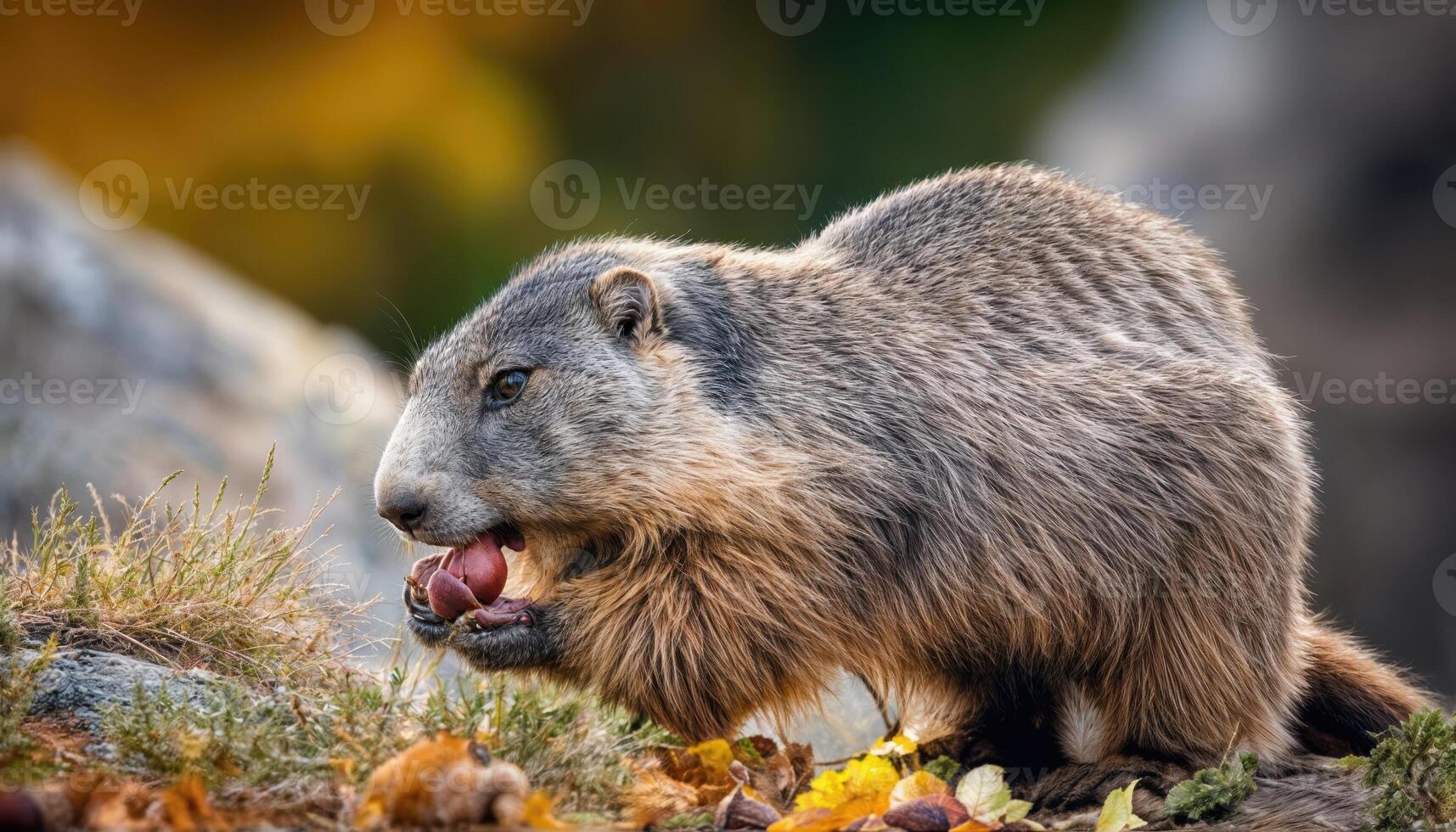 Groundhog Nibbling Acorns Amidst an Autumnal Forest Floor, Capturing the Cozy Warmth and Serenity of Natures Harvest Season with a Hint of Whimsical Charm. photo