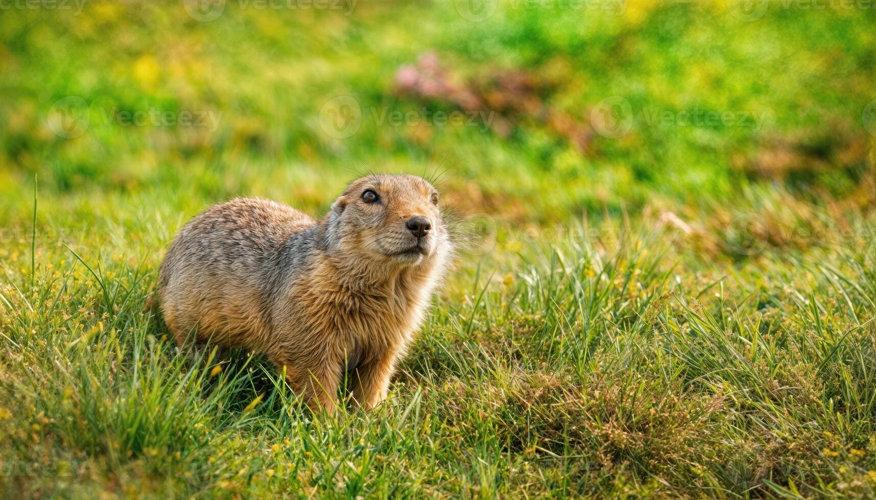 Gopher on Lush Grassy Lawn, Curious Glance Towards Camera in Rustic Afternoon Light, Depicting a Serene Moment of Natures Playfulness on a Warm Spring Day photo