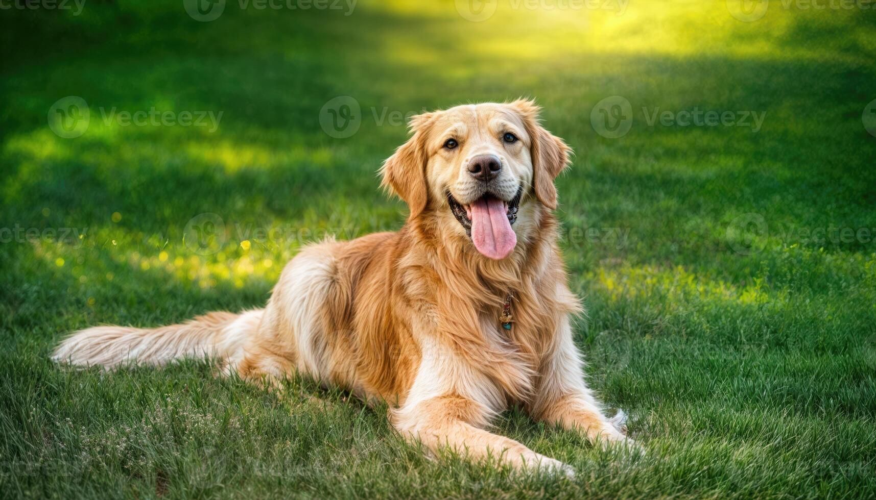 Happy Golden Retriever Playing Outside on Green Grassy Park with Warm Sunlight and Vibrant Spring Ambiance, Perfect for Digital Art, Home Decor, or Design Inspiration photo