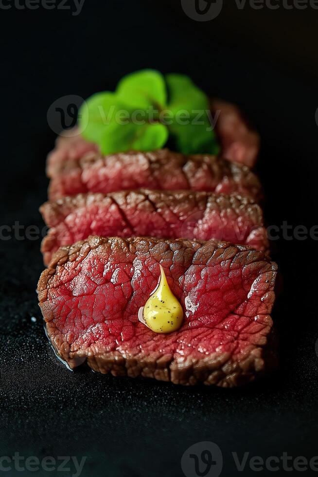 Slices of roast beef with mustard and basil on black background photo
