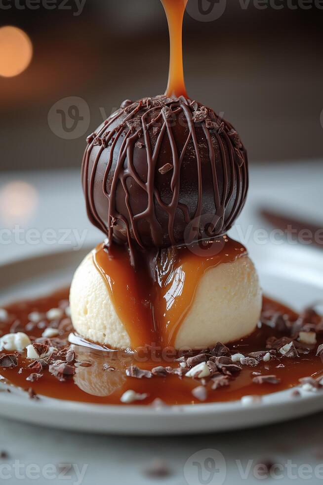 Chocolate dome dessert with caramel sauce being poured on panna cotta photo
