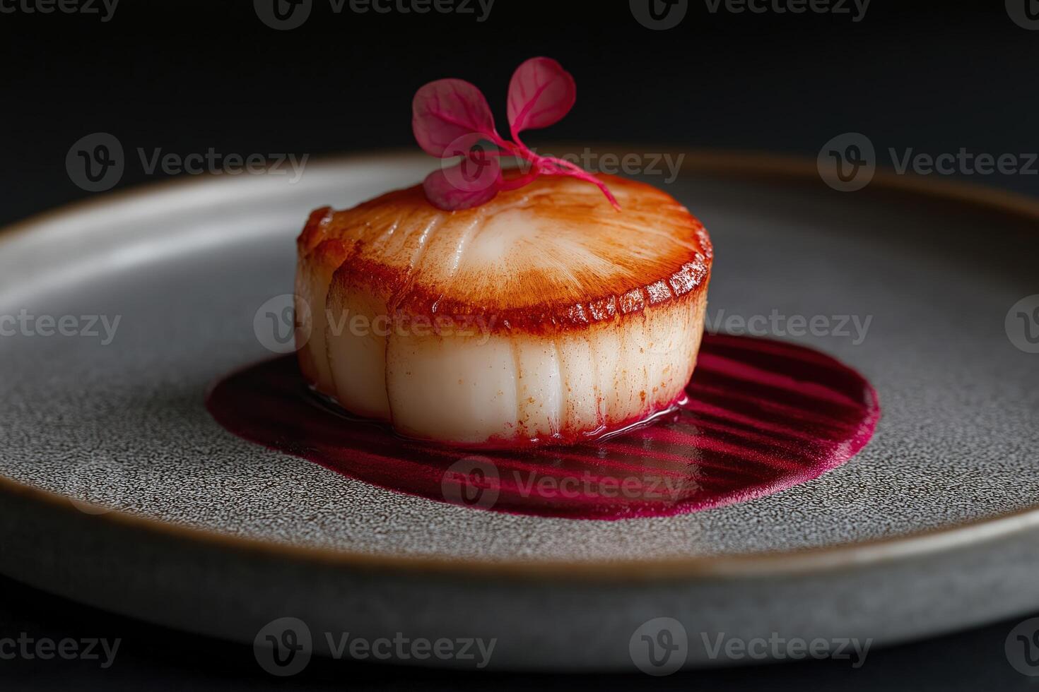 Seared scallop appetizer with beetroot sauce and garnish on elegant plate photo