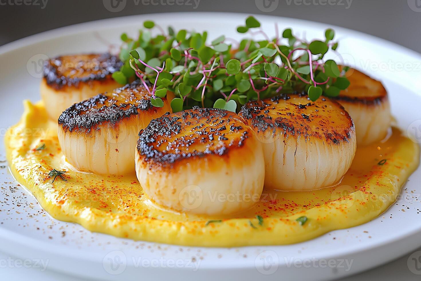 Seared scallops resting on yellow cream sauce with microgreens photo