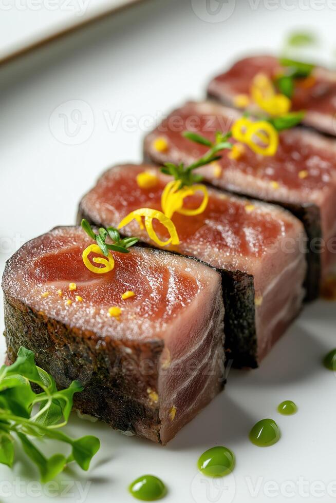 Seared tuna tataki with lemon zest and microgreens impressing michelin star restaurant guests photo