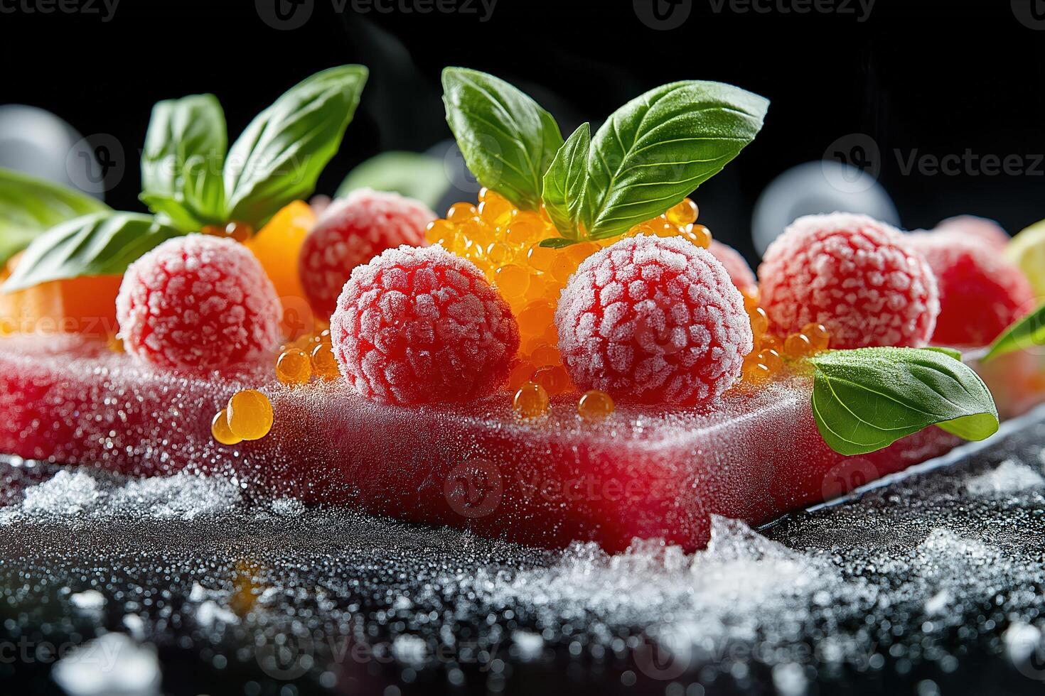 Frozen raspberries and salmon eggs creating gourmet dish with basil garnish photo