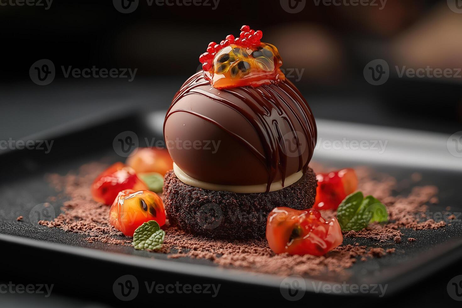Chocolate dome dessert garnished with passion fruit and cocoa powder photo