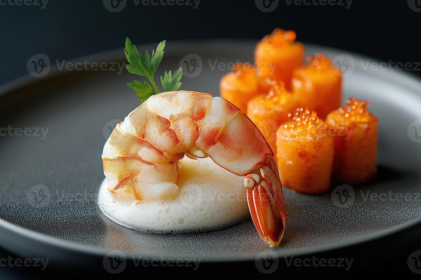 Gourmet shrimp appetizer with carrot rolls and salmon roe on elegant plate photo