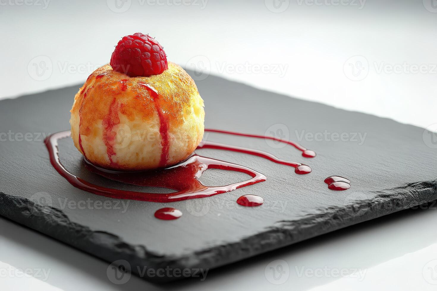 Delicious dessert with raspberry and sauce on elegant slate plate photo