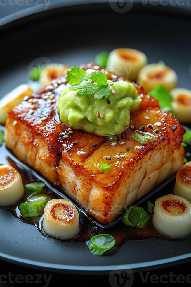 Delicious misoyaki black cod with guacamole and baby leeks on black plate photo