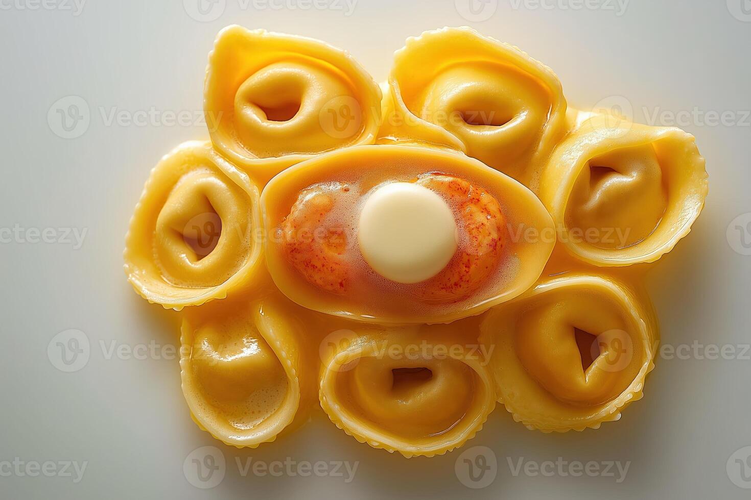 Gourmet tortellini with butter and shrimp filling creating flower shape on white background photo