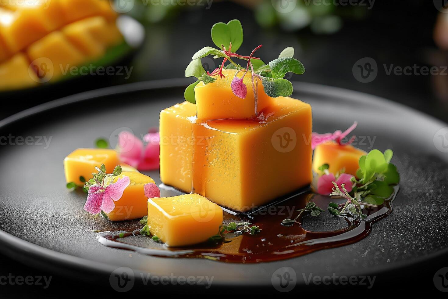 Exquisite mango dessert garnished with microgreens and edible flowers on elegant plate photo