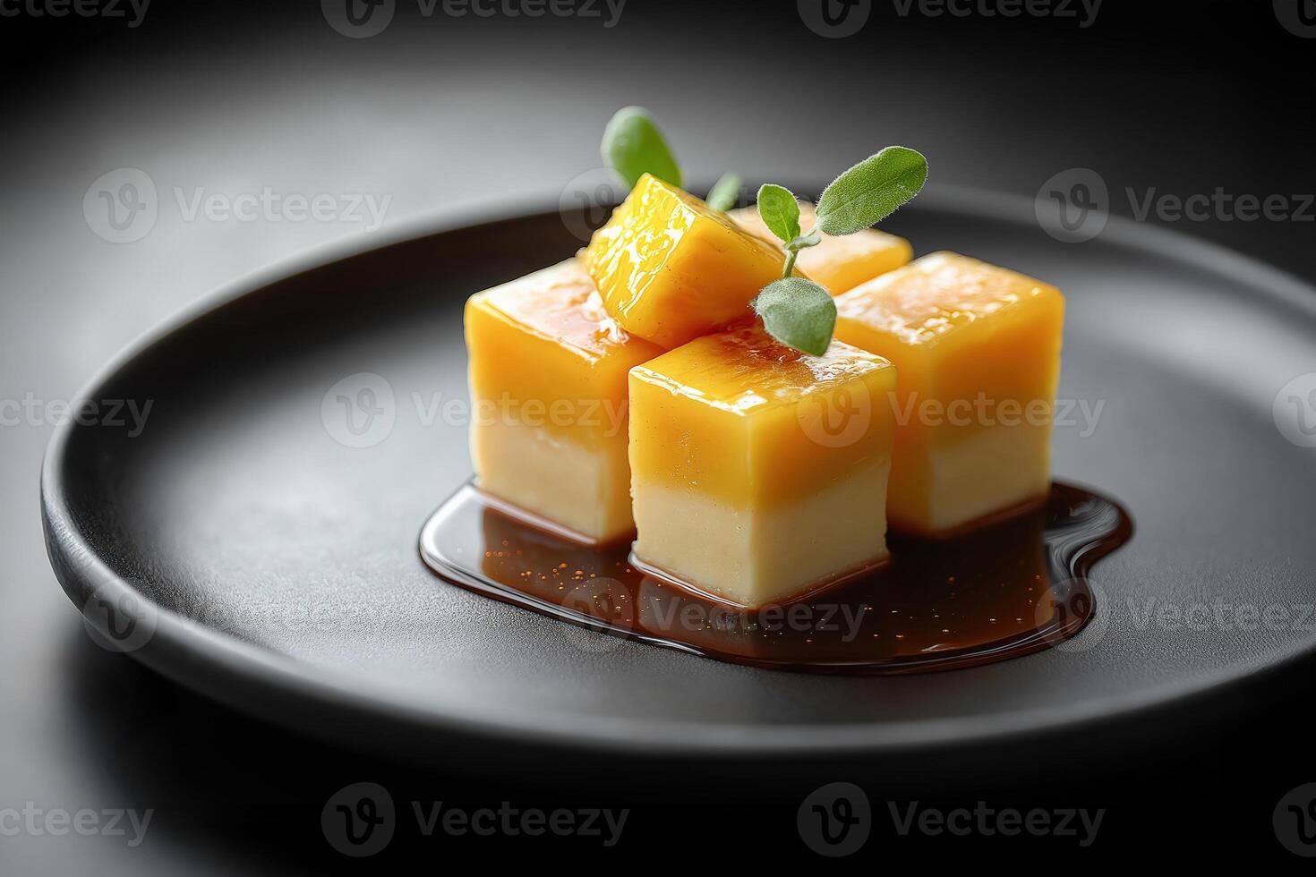 Delicious mango panna cotta cubes garnished with fresh mint on elegant black plate photo