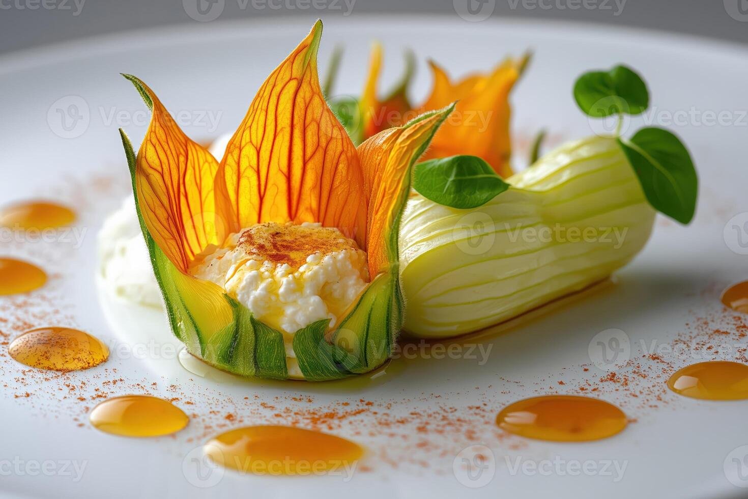 Zucchini flowers stuffed with ricotta cheese, honey and paprika decorating a white plate photo