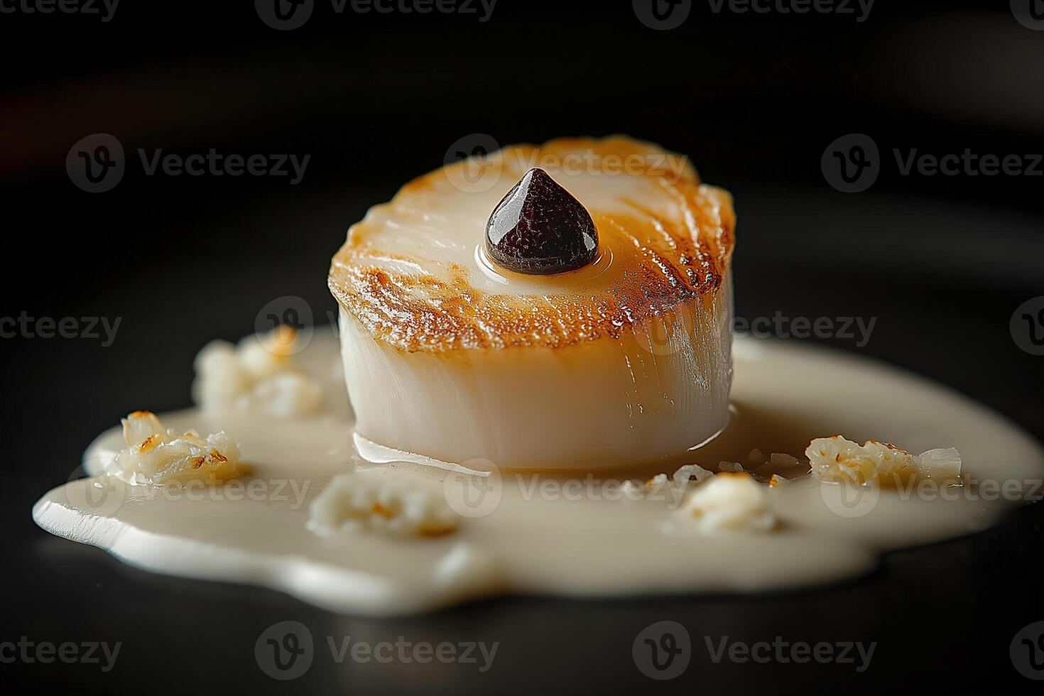 Seared scallop appetizer plated on black plate with creamy sauce and garnish photo