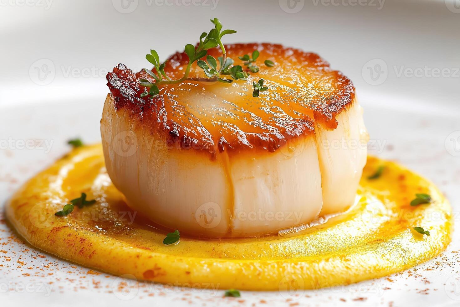 Seared scallop sitting on yellow cream sauce, garnished with thyme sprig photo